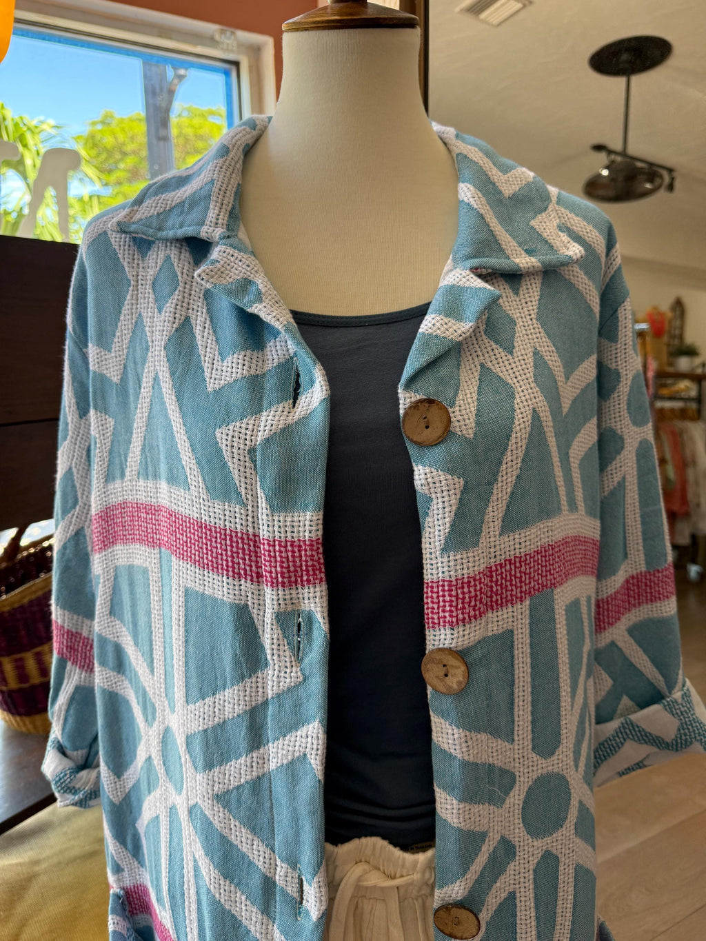 Handmade Cotton Boho Coat | One of a Kind Duster Jacket | Blue and pink  Ethnic Pattern | Ukatina