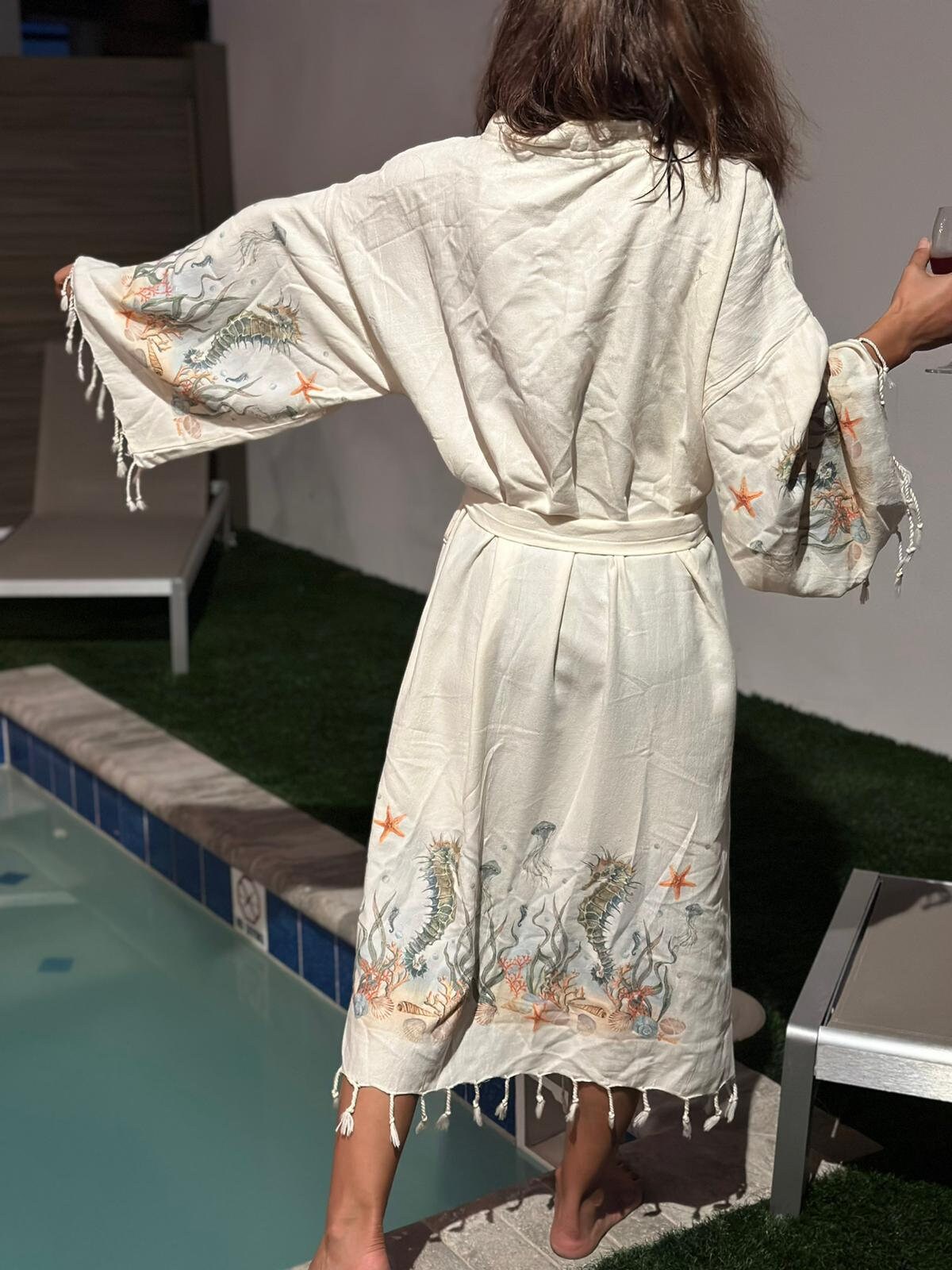 Special Design SeaHorse Kimono Robe 100% Cotton, costal style Kimono, Cotton Robe, Christmas Gift, Beachwear, SeaHorse, Gift