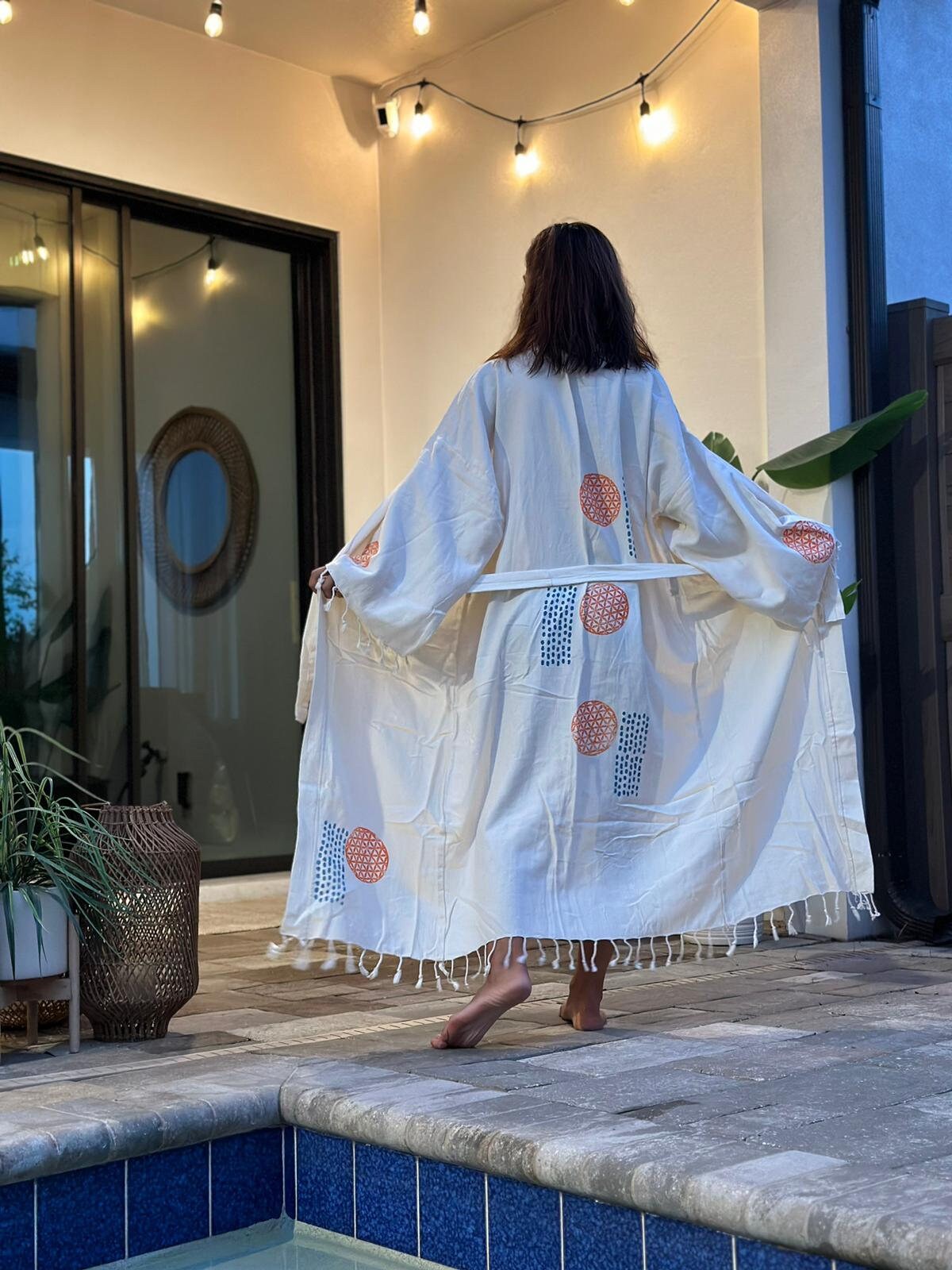 Hand Screen Printed Special Design “seed of life design”, Kimono Robe, 100% Cotton, Kimono, Cotton Robe, Christmas Gift, Beachwear, Gift