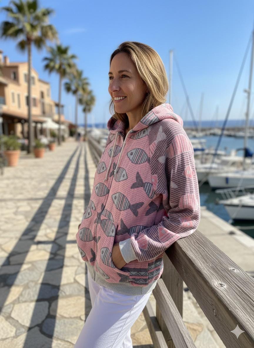 Coastal Hoodie, FISH DESIGN , 100% Cotton Zip Up, Florida Coastal Style,Golf & Marina Wear