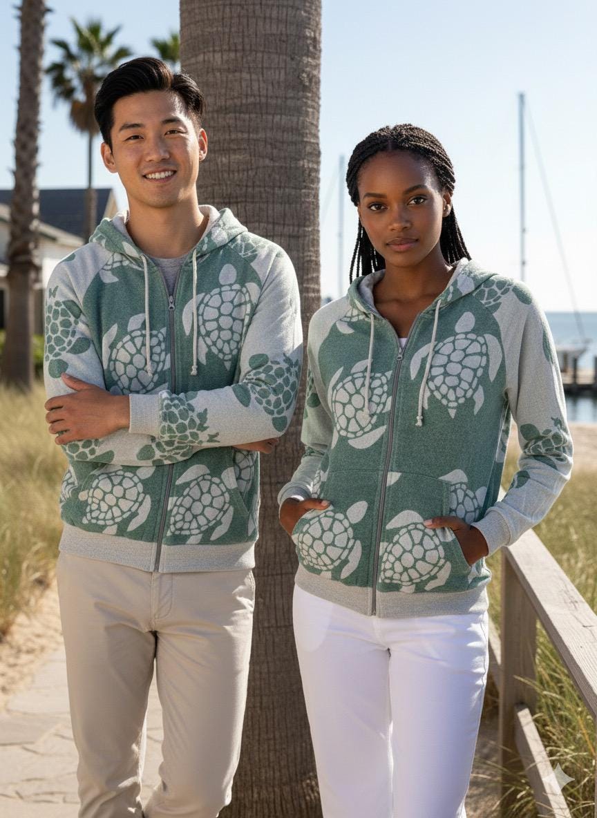 Coastal Hoodie, SEA TURTLE DESIGN , 100% Cotton Zip Up, Florida Coastal Style,Golf & Marina Wear