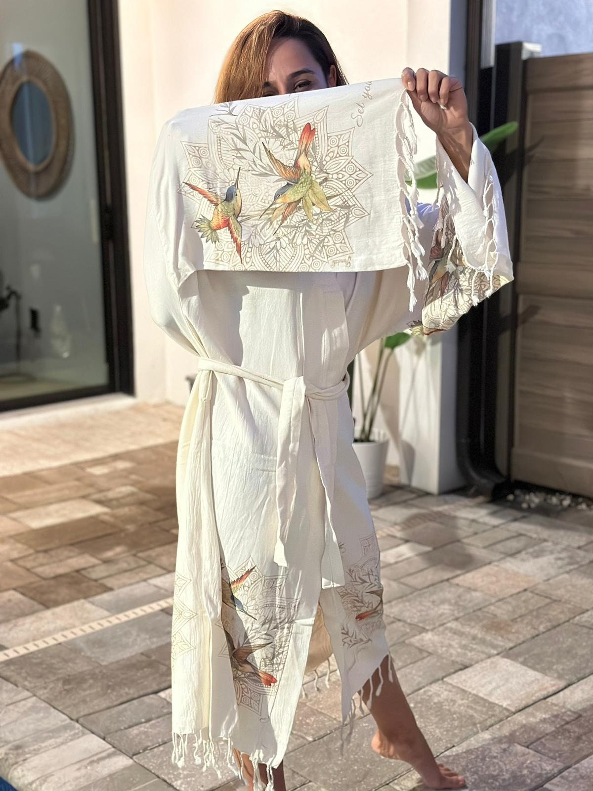 Special Design Hummingbird, Kimono Robe 100% Cotton, Muslin Kimono, Cotton Robe, Christmas Gift, Beachwear, Gift