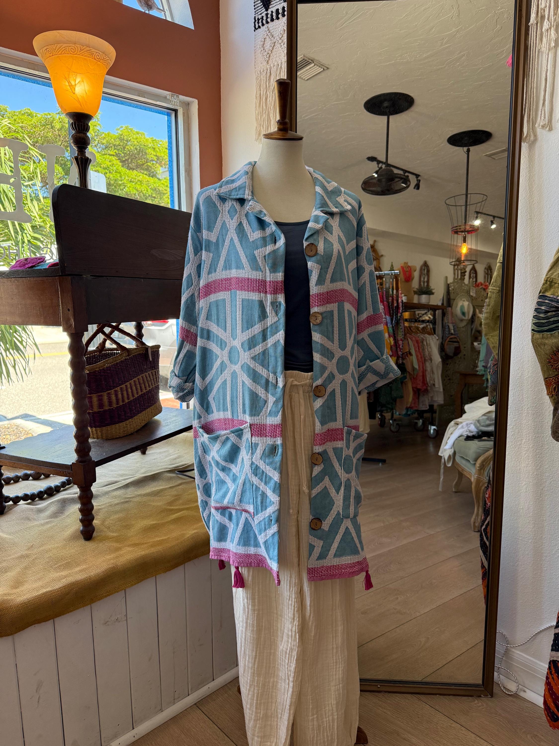 Handmade Cotton Boho Coat | One of a Kind Duster Jacket | Blue and pink  Ethnic Pattern | Ukatina