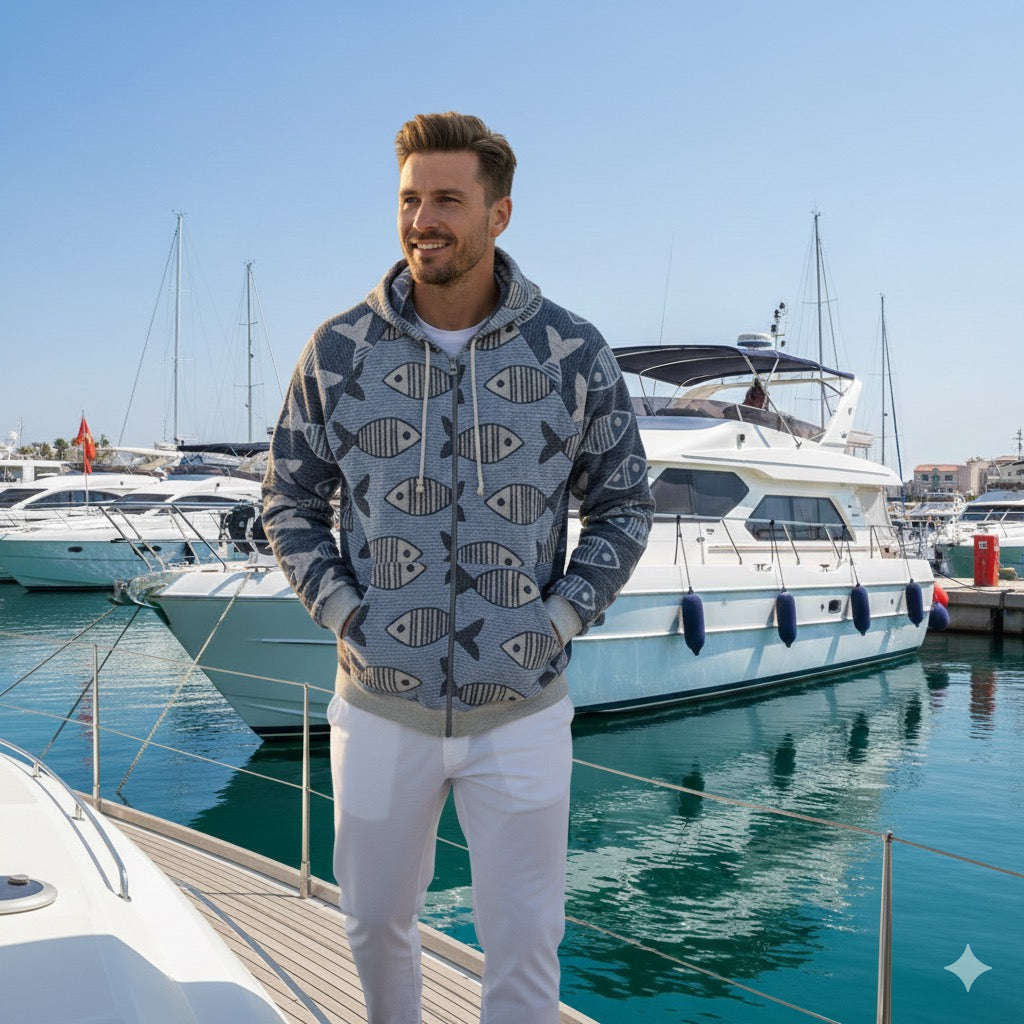 Men's Coastal Fish Pattern Hoodie - Marina Style