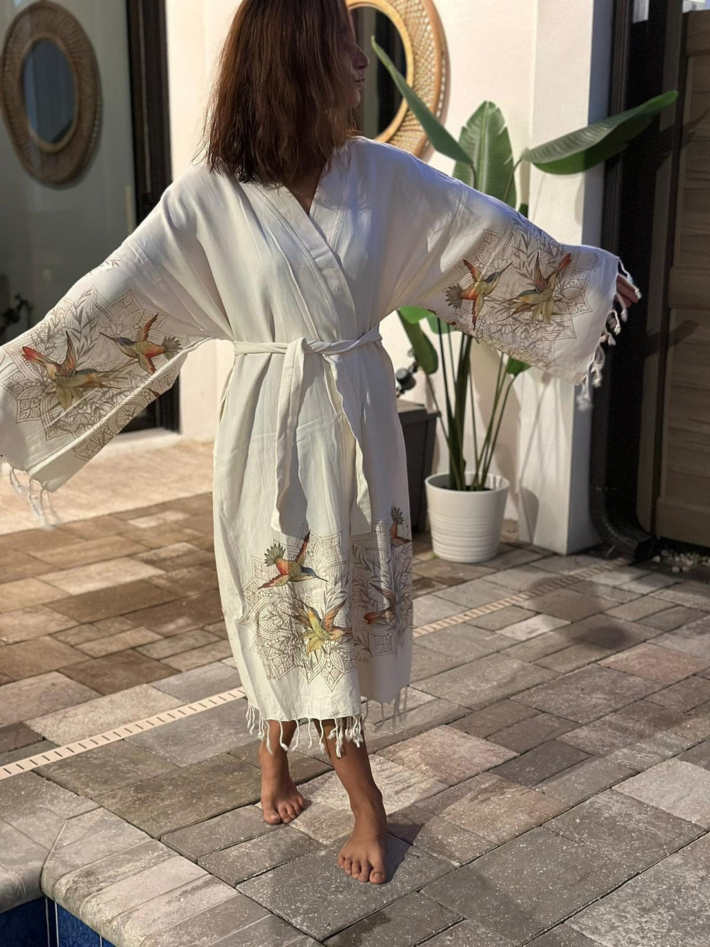 Special Design Hummingbird, Kimono Robe 100% Cotton, Muslin Kimono, Cotton Robe, Christmas Gift, Beachwear, Gift