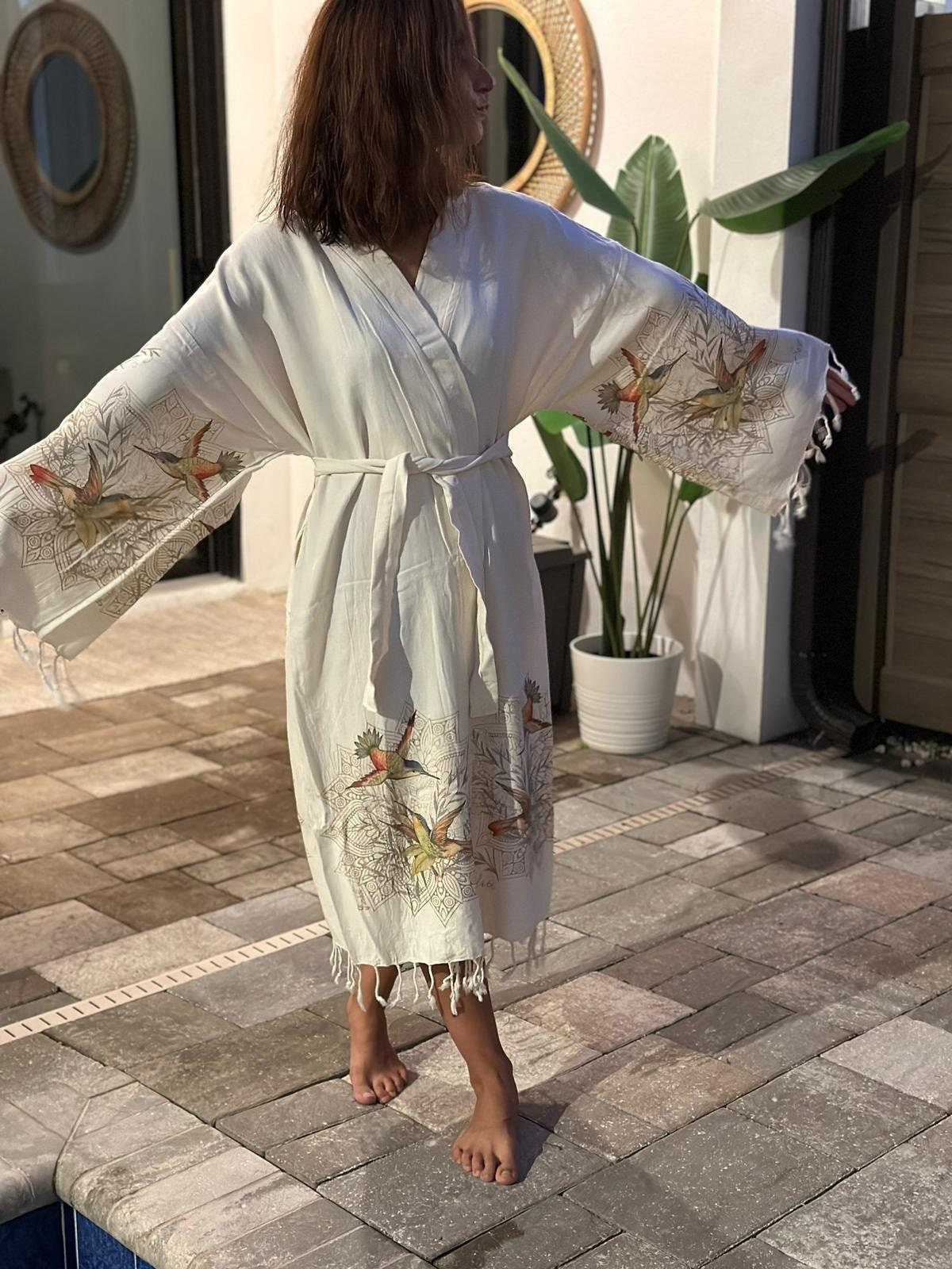 Special Design Hummingbird, Kimono Robe 100% Cotton, Muslin Kimono, Cotton Robe, Christmas Gift, Beachwear, Gift