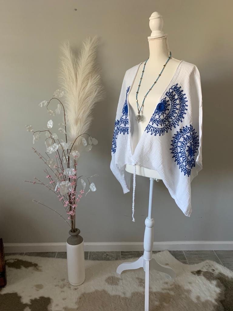 Cotton Handmade MUSLIN Shrug Cardigan White Embodied Mandala ,Shrug Cardigan, Ethnic Boho Festival Top , White Shrug Cardigan ,Unique Gift,