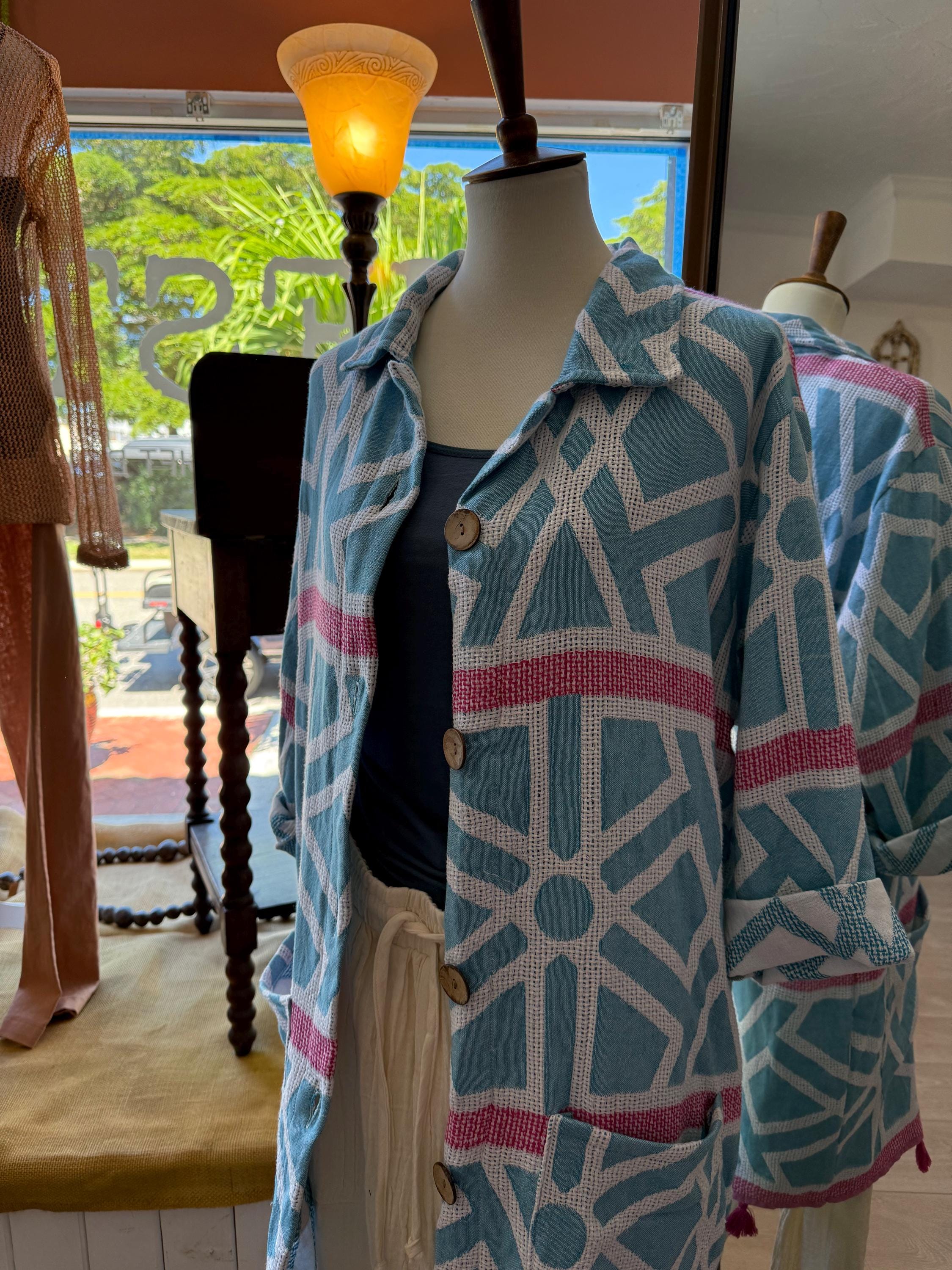 Handmade Cotton Boho Coat | One of a Kind Duster Jacket | Blue and pink  Ethnic Pattern | Ukatina