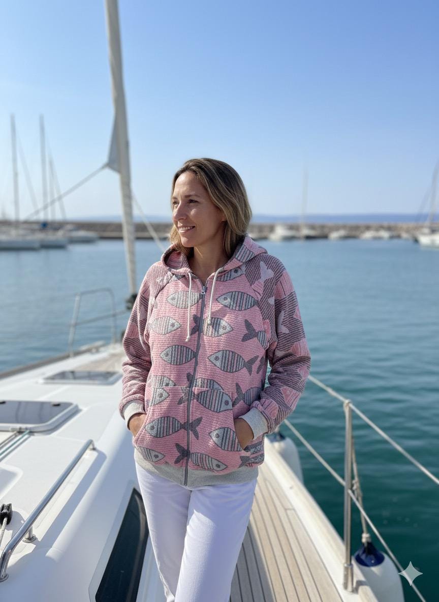 Coastal Hoodie, FISH DESIGN , 100% Cotton Zip Up, Florida Coastal Style,Golf & Marina Wear