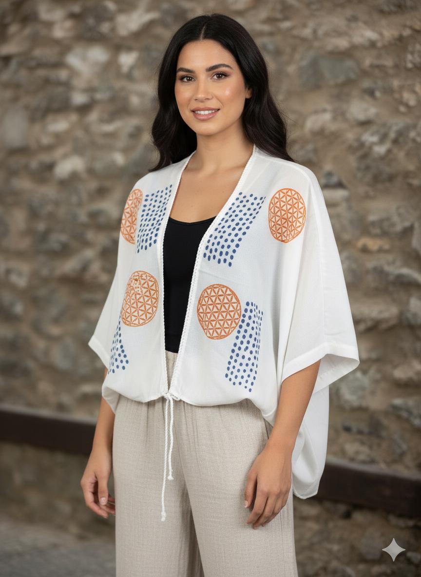 Cotton Handmade Shrug Cardigan, Seed of Life design. Ethnic Boho Festival Top, perfect for daywear or beachwear. Versatile style